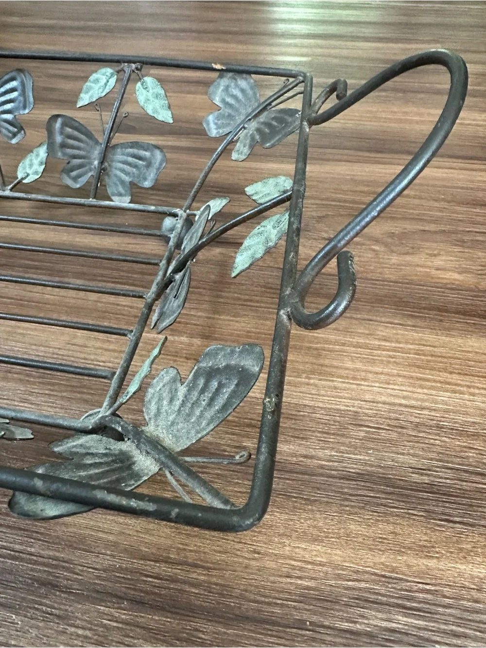 Vintage Wrought Iron Butterfly Caddy Tray Verdigris Metal Wire Basket